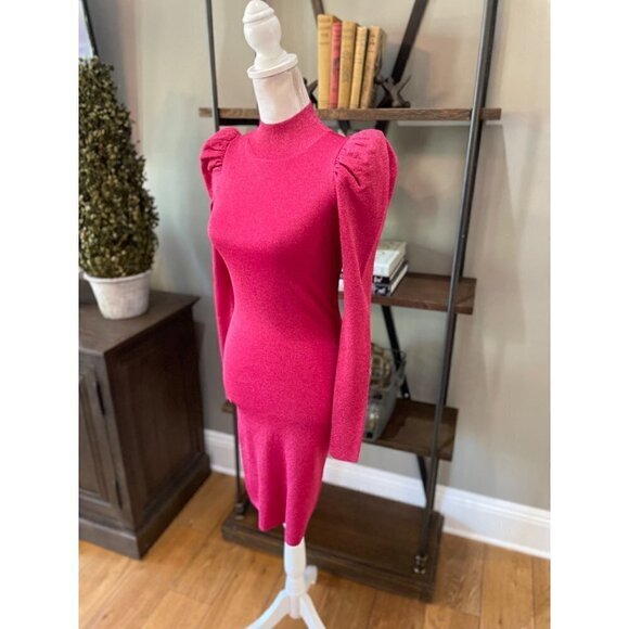 Alice + Olivia Issa Turtleneck Puff Sleeve Dress Wild Pink Metallic Womens Size - Picture 5 of 12